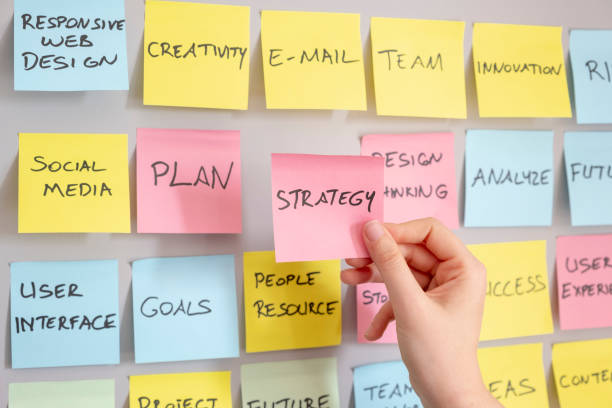 Brainstorming concept, sticky notes on gray wall. business strategies.